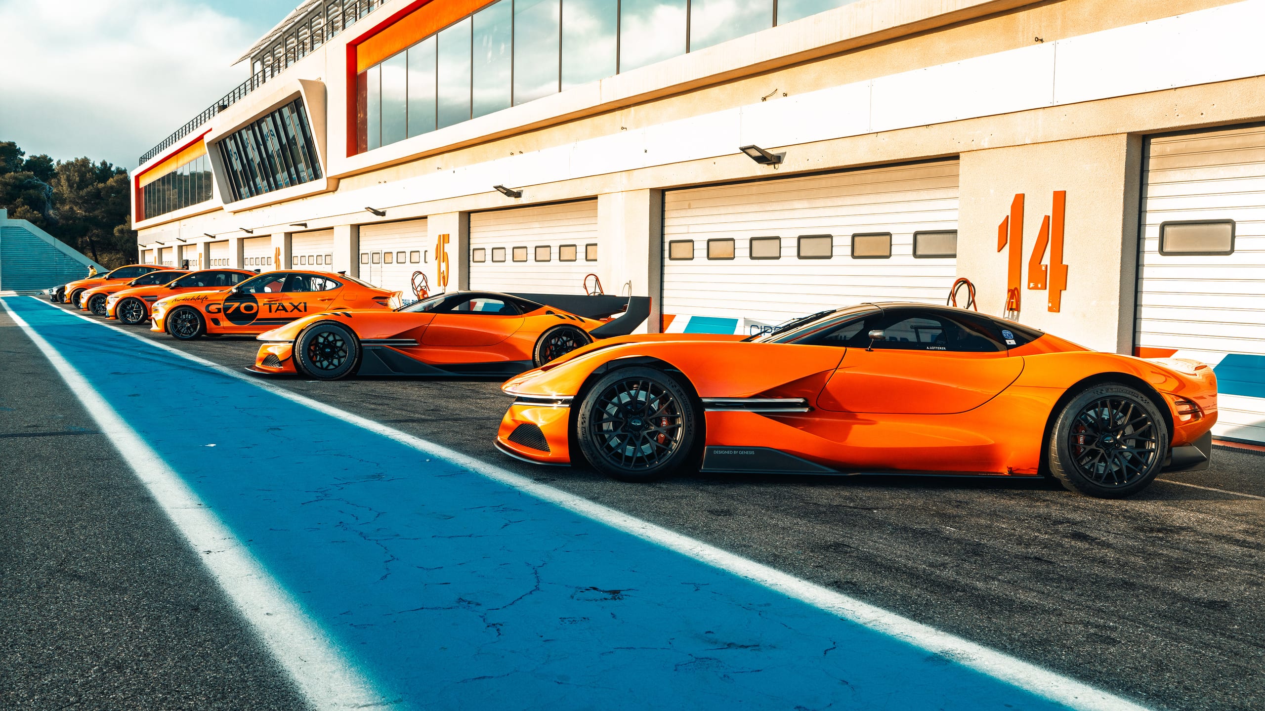 Genesis Magma Racing vehicles on the Paul Ricard circuit during the immersive production activation